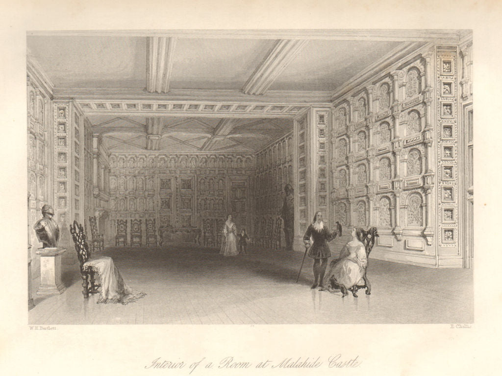 Interior of a Room at Malahide Castle, Dublin. Ireland 1843 old antique print